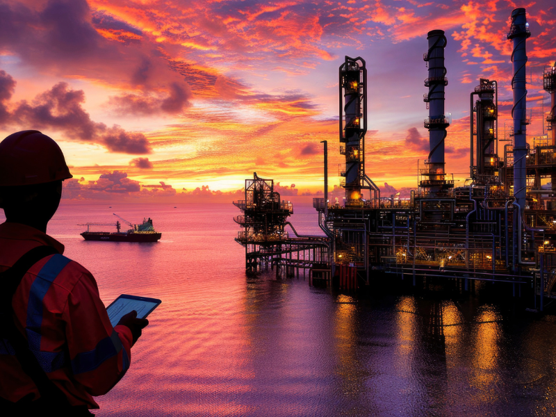 A imagem mostra um cenário industrial marítimo ao entardecer, com infraestrutura de petróleo ou gás e uma atmosfera visualmente impactante.