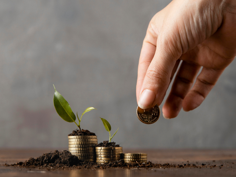 A imagem é conceitual e representa crescimento financeiro ou investimento com retorno ao longo do tempo.