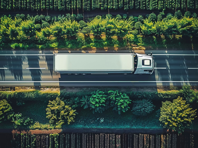 A imagem é uma fotografia aérea (vista de cima) que captura um caminhão em movimento em uma estrada que atravessa uma área agrícola.